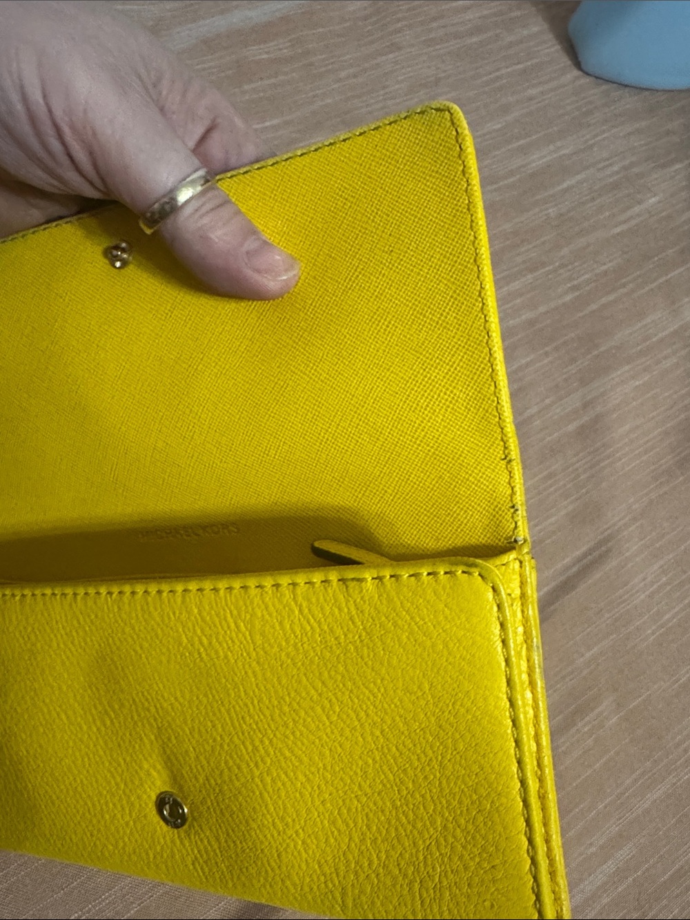 Michael Kors Blue and Yellow Pebbled Leather Flap Wallet with Gold Logo - Picture 10 of 17